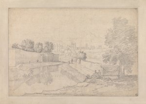 Paisagem italiana com rio que corre entre a parede alta na esquerda e o banco alto na direita para um ...